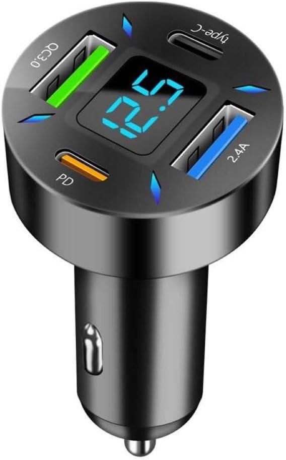66W Fast Car Charger 4-Port USB C  PD 20W + QC 3.0 + 2 USB 2.4A, Cigarette Lighter Adapter with LED Voltage Meter, Compatible with iPhone 15/14/13, Samsung Galaxy, iPad & Android Devices RDRKR