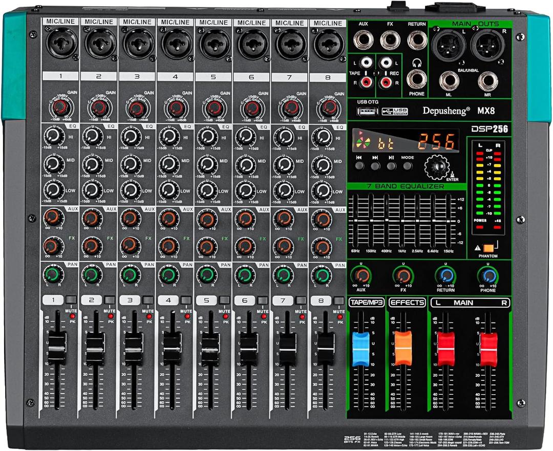 Depusheng MX8 8 Channel Sound Mixer Audio Mixing Console 48V 256DSP Professional USB PC Play Record Podcast Live Broadcast (US MX8)