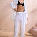 RoseSeek Women's Swimsuit Cover Up Drawstring Waist Wide Leg Loose Pants Beach Vacation Clothes (White, M)