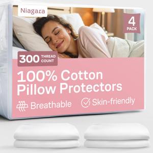 100% Cotton 4-Pack Pillow Protectors with Zipper King Size 100% Resistant to Stains, Dust & Dirt Washable Covers for Increased Pillow Lifespan