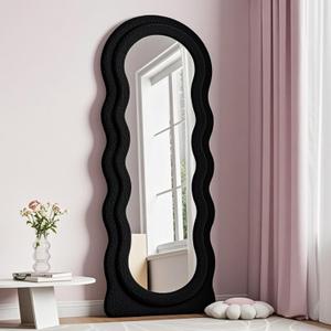 Full Length Mirror, 63" x 24"Irregular Wavy Mirror, Large Floor Length Mirrors Wall Mounted, Standing Wavy Mirrors with Teddy Velvet Wrapped Wooden Frame for Bedroom/Living Room, Black