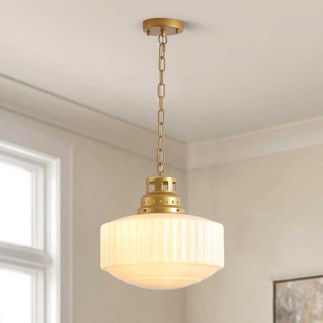 Milk Glass Pendant Light Fixture,14" White Pleated Drum Glass Chandelier,Contemporary Pendant Lights Kitchen Island,Adjustable Height Modern Light Fixture for Bedroom Living Room Hallway, 14.17 inches