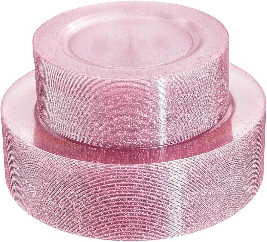 WDF 120pcs Pink Plastic Plates Disposable - Clear Pink Glitter Plates for Valentine's Day/Wedding including 60PCS Dinner Plates 10.25inch and 60PCS Salad Plates 7.5inch for Wedding/Party
