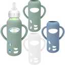 3 Pack Silicone Sleeves for Dr. Brown's Glass Baby Bottles - Drop Protection Baby Bottle Sleeves,Compatible with Dr. Brown's Newborn Glass Bottles,with Silicone Handles,8 oz (White+Green+Dark Blue)