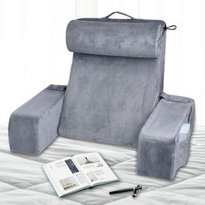 Reading Pillow for Sitting in Bed Adult, 19 Inch Backrest Pillow Sitting Back Support Pillow with Removable Armrests and Adjustable Pillow, Suitable for Resting, Reading on Bed or Floor (Grey)