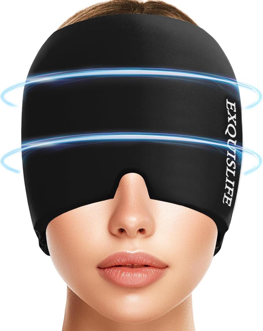 EXQUISLIFE Migraine Ice Head Wrap, Headache Relief Hat for Migraine Cap, Hot and Cold Therapy, Headache Eyes Mask for Sinus, Puffy Eyes, Tension and Stress Relief (Black)