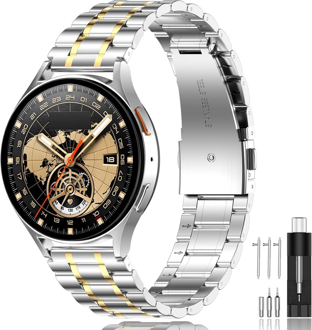 SUPLINK Bands Compatible with Samsung Galaxy Watch 7 6 5 4 Band 40mm 44mm,Galaxy Watch 5 Pro 45mm/6 4 Classic 42mm 46mm 43mm 47mm/Active 2, 20mm Stainless Steel Strap for Women, Silver Gold Size: (Women)ONLY Band-Galaxy7/6/5/4/6 Classic/5 Pro