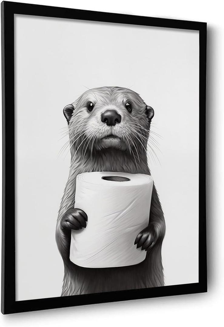 ILLBDR Bathroom Framed Wall Art Funny Bathroom Wall Art Black and White Print Humorous Minimalistic Canvas Artwork Otter Decor for Guest Toilet Framed 16"x24"