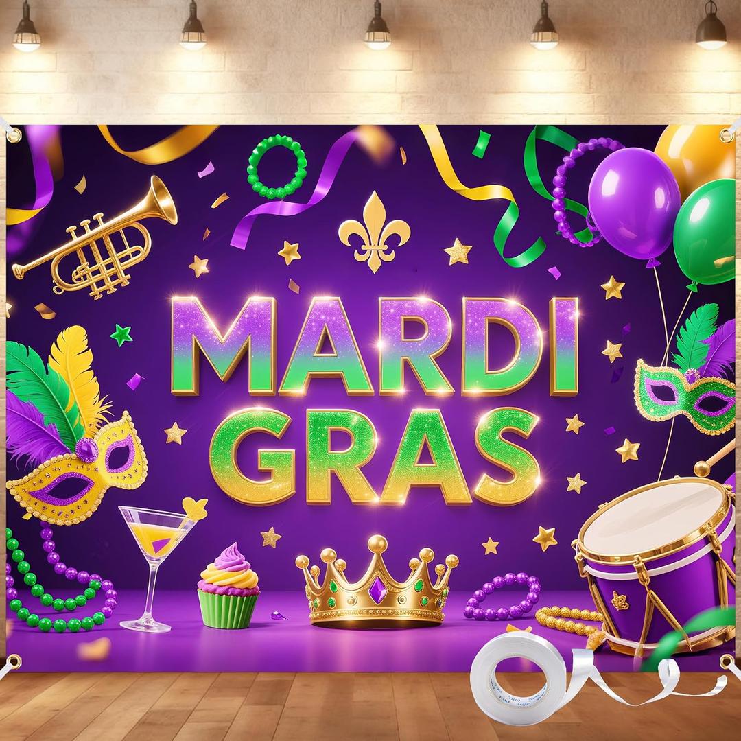 Mardi Gras Backdrop 94.5x71 Inch Large Carnival Masquerade Party Banner with Vibrant Purple Green Gold Design, Photography Background with 4 Brass Grommets for Mardi Gras Decorations