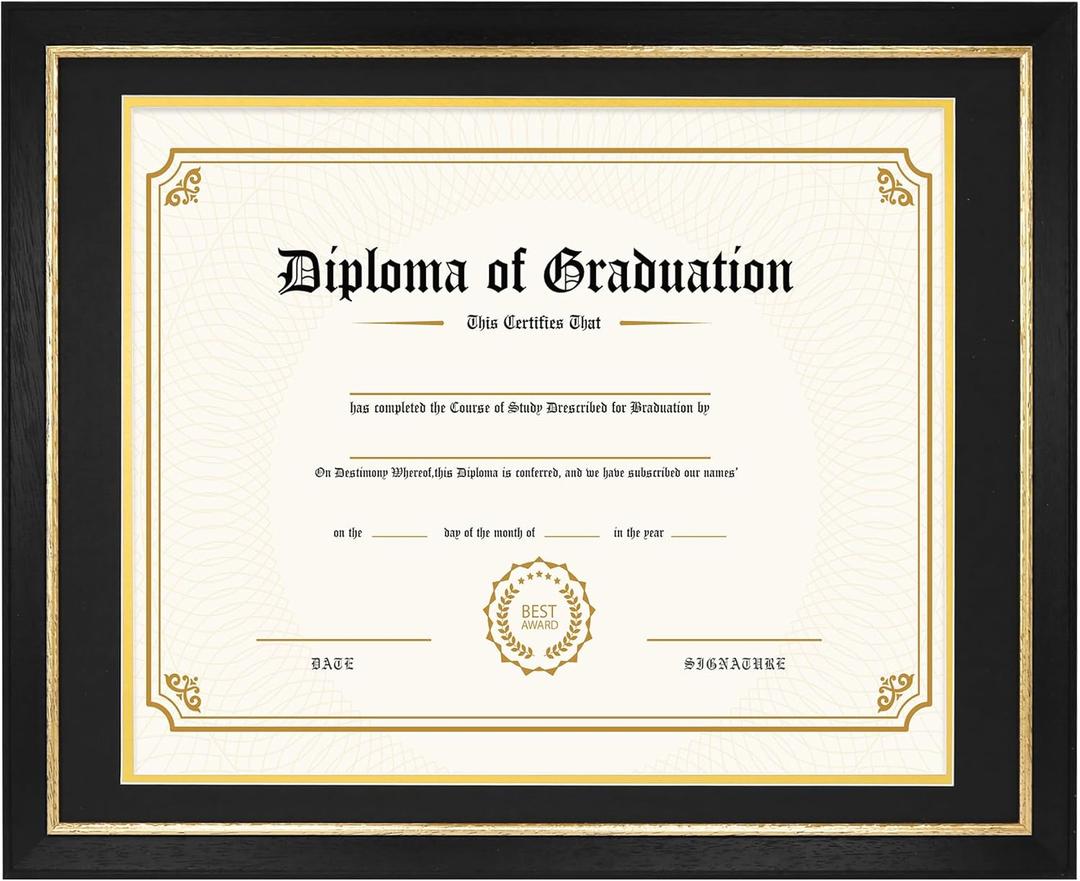 14x17 Diploma Frame with Black over Gold Mat, 16x20 Certificate Frame, Real Wood with Gold Trim, Black with Tempered Glass