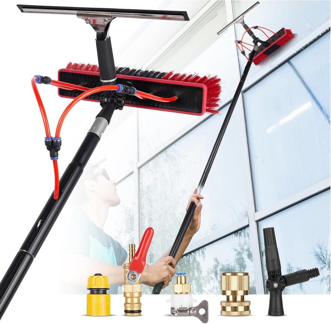 35ft Water Fed Pole Kit, Rotatable Solar Panel Cleaning Brush & Squeegee, 2 Dusting Brushes, Extendable Black Lightweight Pole for Roof Window Small