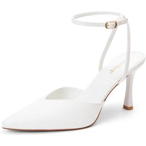 Miorap Closed Pointed Toe Kitten Slingback Heels for Women Ankle Strap Pumps Wedding Party Dressy Comfort Shoes White Size 9