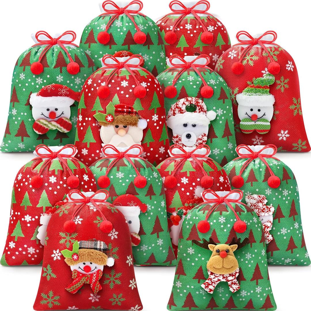 12Pcs Christmas Gift Doll Bags with Drawstring, 8x10in 3D Christmas Goody Gift Bags Small Fabric Xmas Candy Bag, Burlap Treat Xmas Reusable Gifts Wrapping Bag Holiday Party Favors Decor Santa Sacks (Shiny Red & Green)