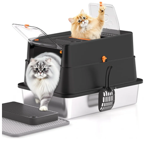 Stainless Steel Cat Litter Box, XL Enclosed Cat Litter Box with Lid, Easy to Clean High-Sided Metal Kitty with Top Entry, Scoop, Mat, Brush & Foot Pedal-Black