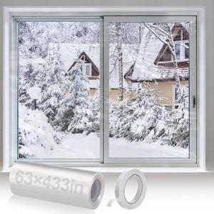 Thicken 63433in Window Insulation for Winter - Fits 10 Windows of 3' x 5' Clear Plastic for Patio Winterizing, Cuttable Heat Shrink Window Film with Double-Sided Tape