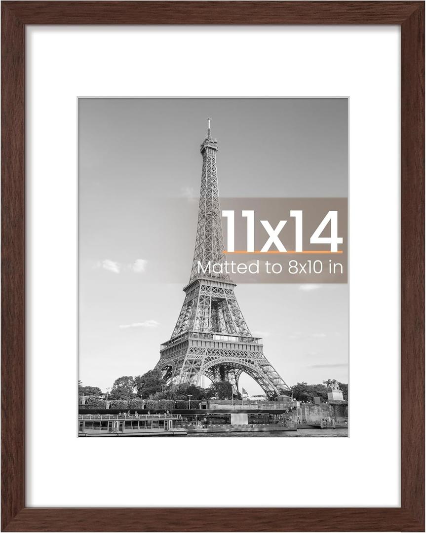 11x14 Picture Frame, Display Pictures 8x10 with Mat or 11 x 14 Without, Wall Hanging Photo Frames, Brown, 1 Pack