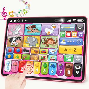 Trilingual Learning Toy Tablet with Music & Sound, Montessori Speech Therapy Toys for 1 Year Old Girl Boy Musical Baby Toy 12-18 Months Toddler Girl Toys Age 1-2 2-3 Birthday Gifts (Pink)