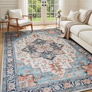 Lessymo 5x7 Area Rugs for Living Room, Washable Rug for Bedroom Kitchen Dining Room, Soft Vintage Carpet Non Slip, Large Boho Rug Low Pile for Entryway Dorm Nursery Kids Room Bedside, Orange/Blue