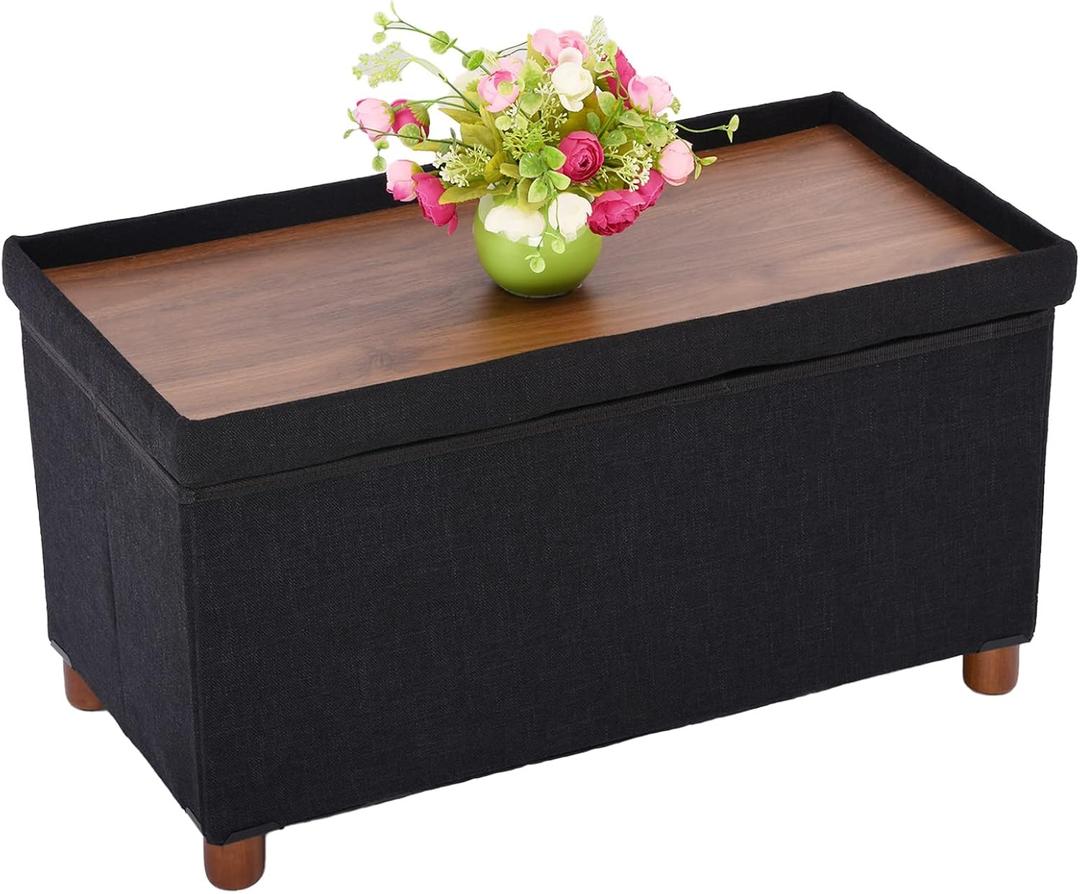 30 Inches Storage Ottoman Bench, Storage Bench with Wooden Legs for Living Room Ottoman Foot Rest Removeable Lid for Bedroom End of Bed, Linen Fabric, Folding Black Ottoman