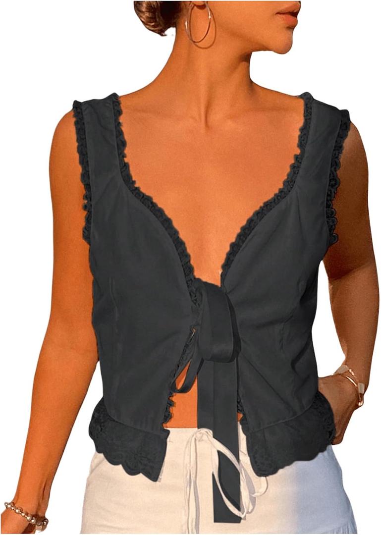 SOLY HUX Women's Y2k Lace Trim Open Tie Front Tank Top V Neck Sleeveless Tops (Large, Pure Dark Grey)