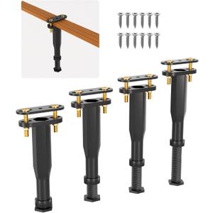 Adjustable Height Bed Support Legs (6.5"-11") - Heavy Duty Center Support for Bed Frame with Wider Base, Under Bed Replacement Legs Kit for Wood Slats/Furniture, Black Plastic Legs (4 PCS)