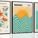 3Pcs Bauhaus Mid Century Modern Wall Art Retro flowers Exhibition Canvas Posters Prints Green Orange Boho Geometric Minimalist Wall Decor Sun Waves Shapes Abstract Pictures for Bedroom Living Room