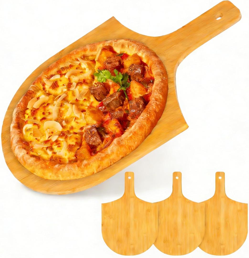 4 Pack Bamboo Pizza Peel 12 Inch, Wooden Pizza Paddle with Ergonomic Long Handle, Pizza Cutting Board for Serving, Charcuterie, Bread  Natural Wood Pizza Peel Set for Oven, Dishwasher Safe