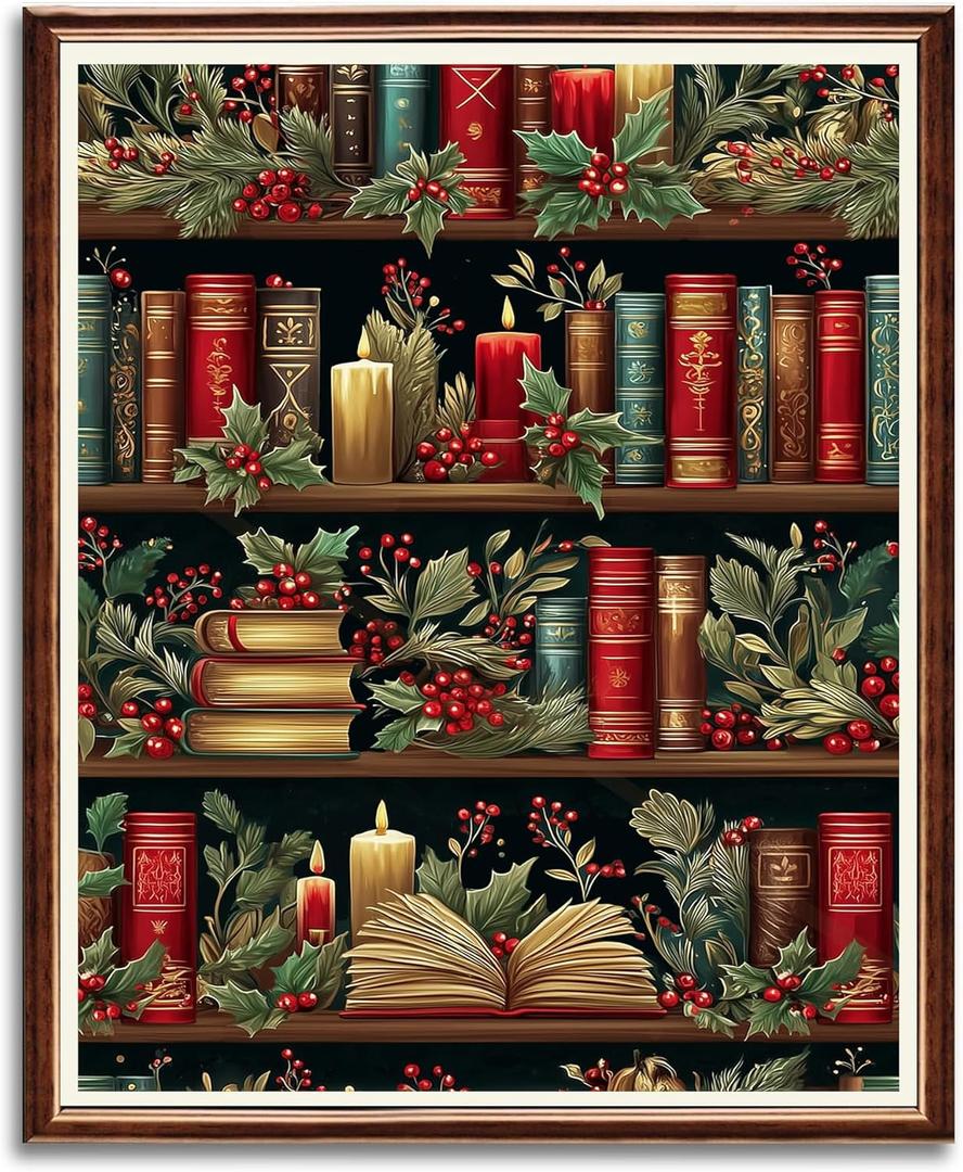 WRTCPOC Christmas Bookshelf Counted Cross Stitch Kits for Adults Christmas Flower Book Embroidery Kits Holiday Themed Pattern Cross Stitch 11CT DIY Needlepoint Embroidery Starter Kits