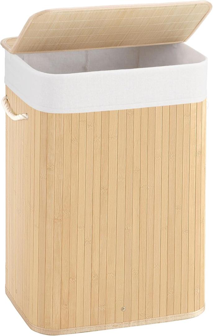 72L Slim Laundry Hamper with Lid, Foldable Bamboo Clothes Laundry Basket with Handles, Removable and Machine Washable Liner, for Bedroom, Bathroom, Dorm, Natural Beige (72L, Natural Beige)