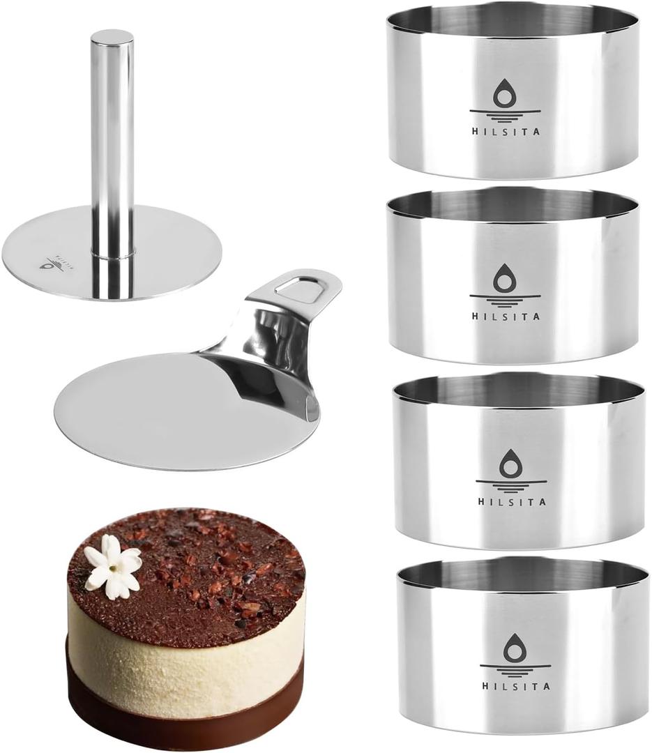 6 Pcs Cake Ring Molds, Seamless Stainless Steel Cake Cutter For Baking, 4 inch Cooking Rings with Pusher & Lifter, Dessert Mousse Molds Baking Tools, Includes 1 Pusher, 1 Lifter and 4 Rings