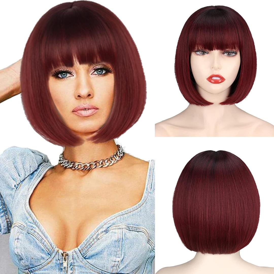 WERD Short  Red Bob Wig with Bangs, Straight Burgundy Wig Bob for Women, Short Straight Natural Looking for Daily and Party