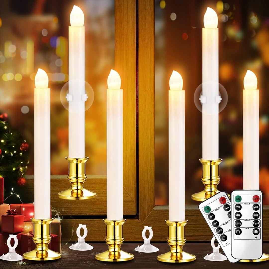 YAUNGEL Christmas Window Candles, 6 Pack Battery Operated Flameless Taper Candles for Windows with Timer Remote, Electric Candle Lights with Candle Holders Suction Cups for Christmas