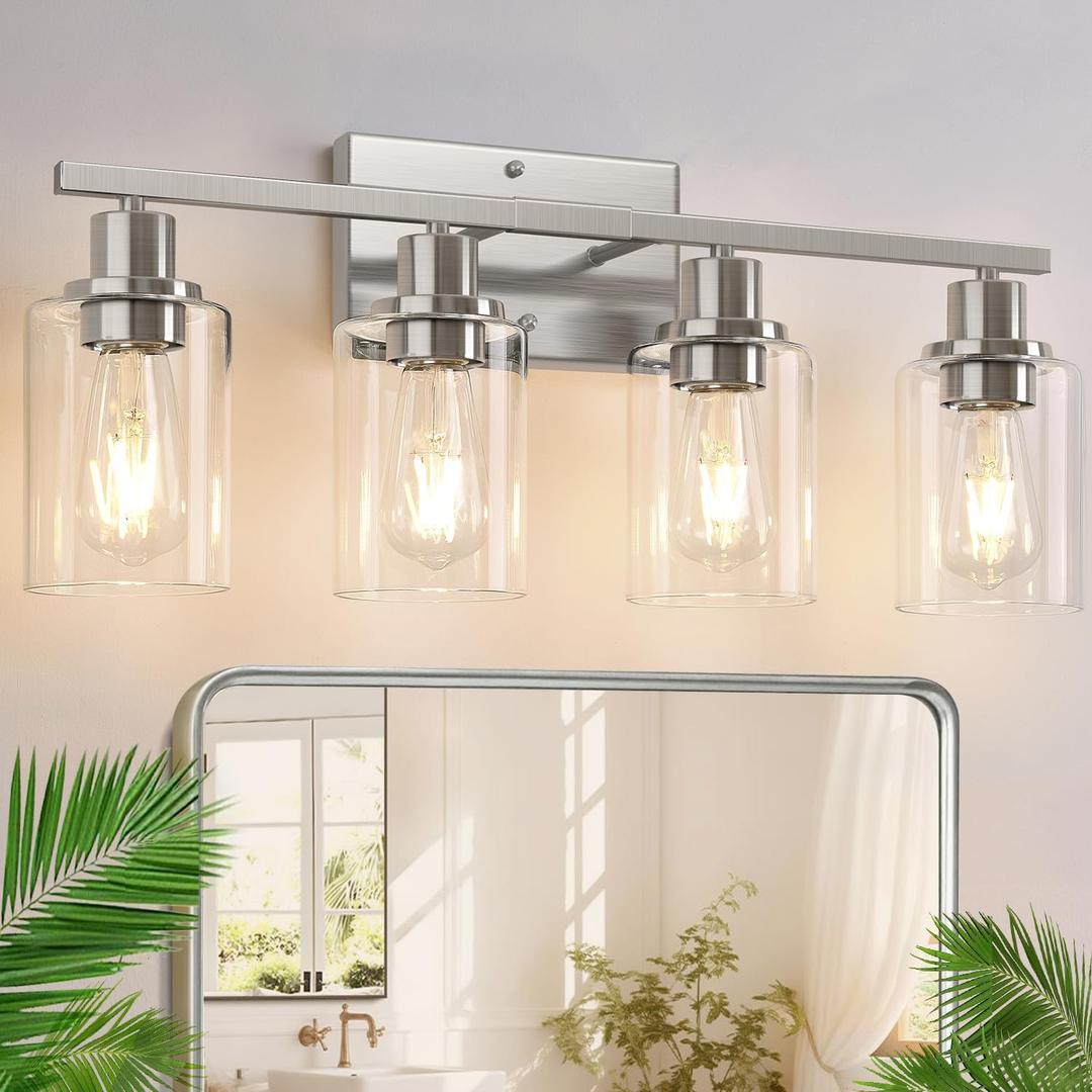 Indoi 4-Light Bathroom Light Fixtures, Brushed Nickel Vanity Lights with Clear Glass Shades, Modern Bathroom Wall Lamp for Mirror Living Room Cabinet Bedroom Porch