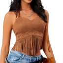 Women's Y2K Fringe Halter Western Cowgirl Tie Tank Top Tassel Rivet Faux Suede Hippie Crop Top 70s 60s Vintage