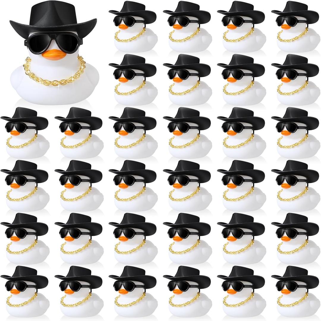 Sotiff 48 Sets Cowgirl Rubber Duck Squeaky Duck Bath Party Toy Duckies Car Dashboard Decorations with Mini Necklace Hat and Sunglasses for Bathtub Baby Shower Birthday Swimming Party(White)