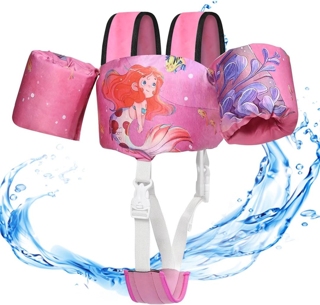 Toddler Swim Vest, Toddler Floaties for 22-66 lbs Boys & Girls, Kids Swim Vest Removable with Crotch Strap & Shoulder Harness Arm Wings for 1 2 3 4 5 6 7 Years Old Baby Children Sea Beach Pool (5 Pink-Mermaid)