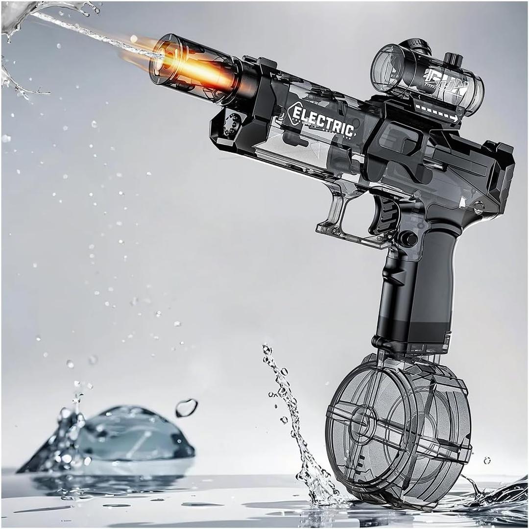 Electric Water Gun with Muzzle Flash, High Capacity Powered Water Gun, 28-32 FT Range Automatic Water Toys Summer Outdoor Pool, Rechargeable Battle Water Games Gun for Kids Adults (Black)