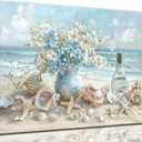 AKOTAC Blue Ocean Beach Bathroom Canvas Wall Art Seaside Seashell Painting Print Artwork Starfish with White Flower Coastal Picture Wall Decor for Living Room Bedroom Bathroom Decoration