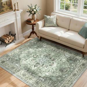 RELEANY Area Rugs 4'x6' Washable Non-Slip, Floral Vintage Distress Print Pattern Medallion Carpet for Living Room Bedroom Dining Room, Dark Green Gray