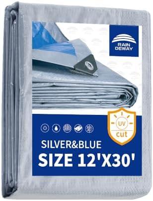 RAINDEWAY Tarp Waterproof 12x30 Feet 5.5 Mil Thick, Multipurpose Waterproof Poly Tarp Cover for Emergency Rain Shelter，Silver/Blue Tarps Finished Size