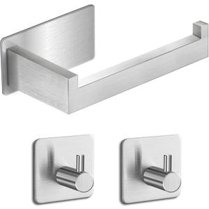 Toilet Paper Holder, Self Adhesive Toilet Roll Holder with 2 Pcs Towel Hook no Drilling for Bathroom, Kitchen, RV, SUS304 Stainless Steel Brushed Nickel