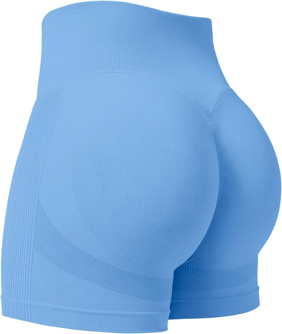 YEOREO Professional Women Workout Shorts 3.6" Scrunch Shorts Seamless High Waisted Contour Gym Yoga Biker Shorts (Medium, Light Blue)