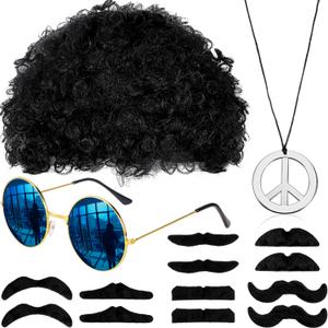 WILLBOND Hippie Afro Wig Disco Accessories Costume Set Sunglasses Peace Sign Necklace Moustache for 50/60/70s Retro Theme Party (Black)
