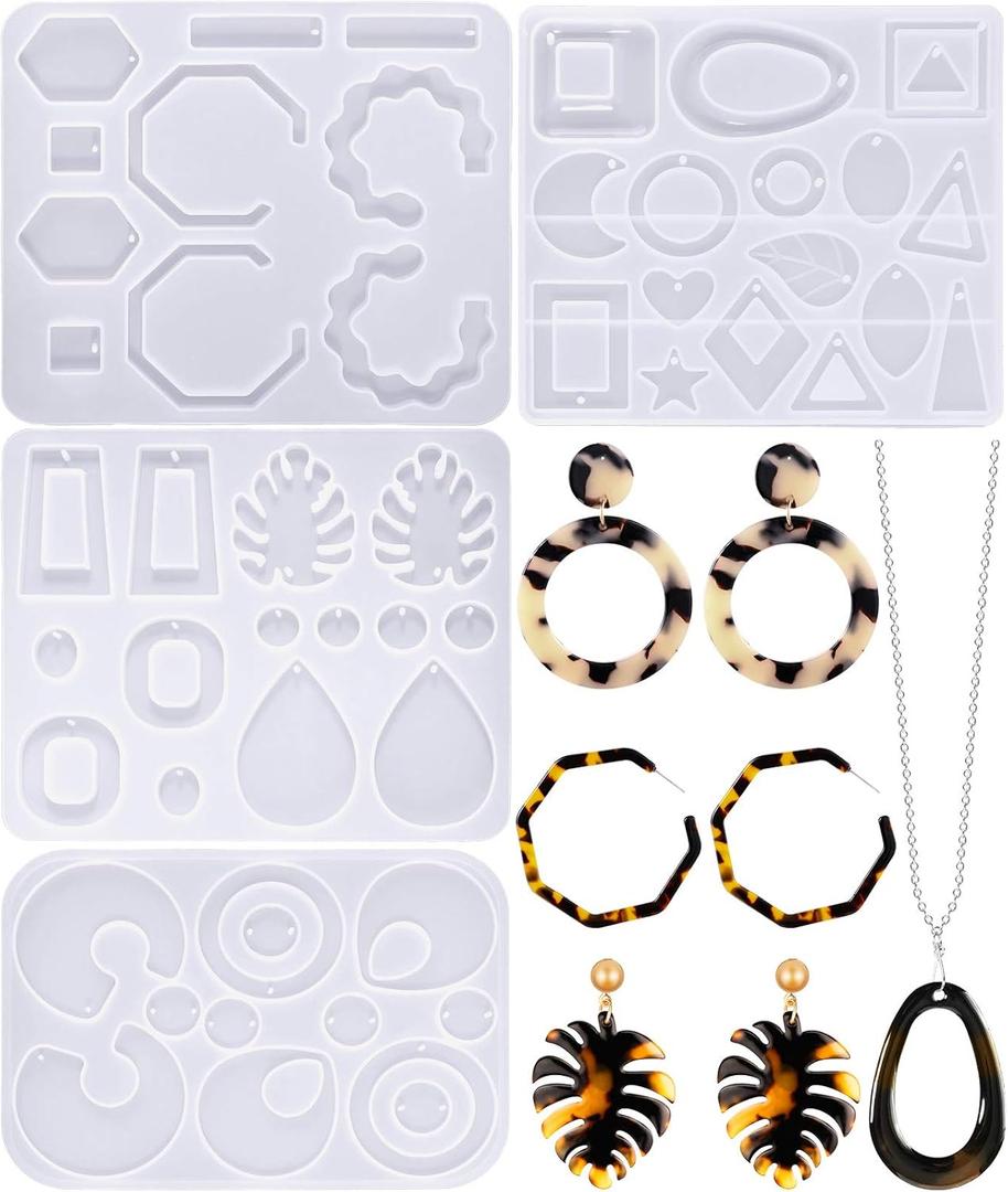 4 Pcs Christmas Resin Earring Silicone Mold Jewelry Resin Making Kit for Women Epoxy Dangle Earring Mold for DIY Craft Necklace Pendant Keychains(Geometric)