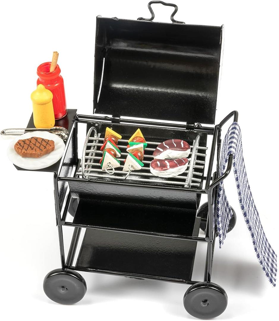 SAMCAMI Dollhouse Furniture Kitchen Grill Set (7 PCS)  Metal Grill, Skewers, Steak and Other Dollhouse Accessories - 1:12 Scale Miniature Dollhouse Decoration (Square Black)