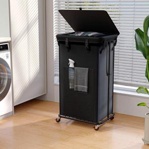 100L Laundry Hamper with Lid, Rolling Laundry Basket with Wheels, Large & Tall Dirty Clothes Hamper with Metal Frame and Removable Bag for Bedroom Aesthetic, Laundry Room, Bathroom, Dorm-Black (26GAL)