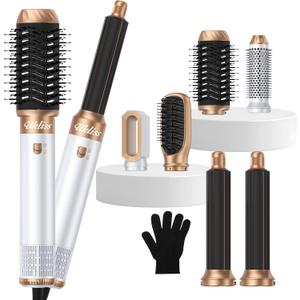 6 in 1 Blow Dryer Brush,Hair Dryer Brush with Ionic Technology, Multifunctional Styler Styling Tools, Auto Air Curler for Hair, Fast Styling for Most Hair Types, Safe ALCI Plug (White Gold)