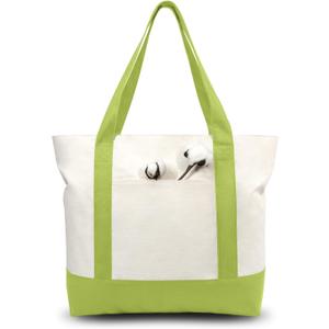 TOPDesign 3-Pack Canvas Tote Bags with an External Pocket, Reusable Grocery Shopping Bags, Top Zipper Closure, Daily Essentials (Light Green/Natural)