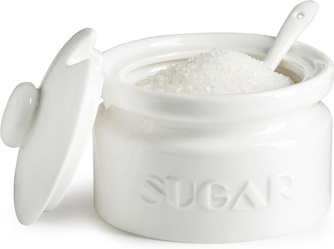 Gomakren Sugar Bowl with Lid and Spoon, Sugar Container Sugar Dish 10oz, Ceramic Sugar Jar for Coffee Bar, Kitchen, Countertop - Modern Farmhouse Kitchen Mothers Day Decor, White