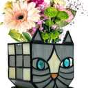 Unique Stained Glass Gray Cat Planter, Plant Pots Indoor,Indoor Flower Pots with Drainage,Window Sill Cat Decoration Gift,4.6x5.15x3IN (Grey-white)